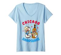 Donna Chicago Illinois Chicago Stretta di Mano Chicago Beer Lover Malort Maglietta con Collo a V