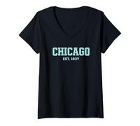 Donna Chicago Illinois Varsity Text EST 1837 Stile Menta Maglietta con Collo a V