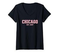 Donna Chicago Illinois Varsity Text EST 1837 Stile Rosa Maglietta con Collo a V