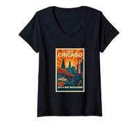 Donna Chicago - Poster da viaggio vintage stile Maglietta con Collo a V