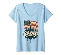 Donna Chicago Skyline Bandiera Americana Vintage Graffiti Art Souvenir Maglietta con Collo a V