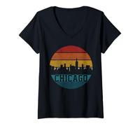Donna Chicago Skyline Vintage Retro Illinois Pride Regalo Maglietta con Collo a V