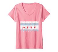 Donna Chicago T Shirt - Vintage Chicago Flag Theme Skyline T Shirt Maglietta con Collo a V
