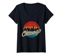 Donna Chicago Vintage Skyline Illinois USA Souvenir Maglietta con Collo a V