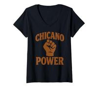 Donna Chicano Power - Bandiera Messicana del Messico, Colore: Marrone Latino Raza No Migra Maglietta con Collo a V
