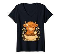 Donna Chicchi di caffè delle Highland Cow Scottish Highland Cattle Art Maglietta con Collo a V
