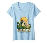 Donna Chichen Itza Mexico Souvenir Vintage Piramide Maya Yucatan Maglietta con Collo a V