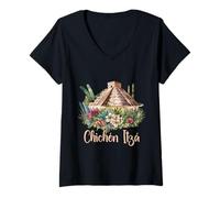 Donna Chichen Itza Piramide Floreale Viaggio Art Design Maglietta con Collo a V