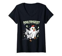 Donna Chicken Ghost Poultrygeist Halloween Costume Farmer Maglietta con Collo a V
