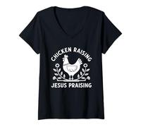 Donna Chicken Raising Jesus Praising Umorismo Cristiano Allevatore Maglietta con Collo a V