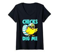 Donna Chicks Dig Me Funny Easter Chick Occhiali da Sole Baseball cap Maglietta con Collo a V