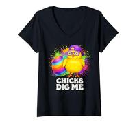 Donna Chicks Dig Me - Occhiali Colorati con Scritta Happy Easter Day Maglietta con Collo a V