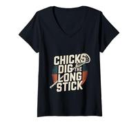 Donna Chicks Dig The Long Stick Lacrosse scherza giocatore -- Maglietta con Collo a V