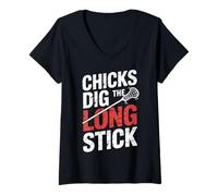 Donna Chicks Dig The Long Stick Lacrosse Scherza Giocatore |- Maglietta con Collo a V