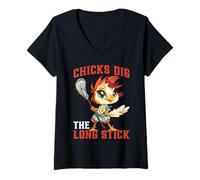 Donna Chicks Dig The Long Stick Lacrosse Scherza Giocatore - Maglietta con Collo a V