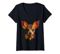 Donna Chihuahua con Foglie Autunnali Cane Artistico d'Autunno Maglietta con Collo a V