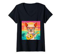 Donna CHIHUAHUA Dog Ukulele Beach Summer Vacation Maglietta con Collo a V