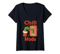 Donna Chill Mode On - Design Natalizio Divertente Maglietta con Collo a V