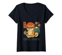 Donna Chill Shiba retrò Vibrazioni Giapponesi con Tramonto Maglietta con Collo a V