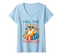 Donna Chill the Fourth Out Cute Corgi Patriotic 4th di luglio Maglietta con Collo a V