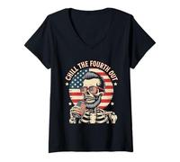 Donna Chill The Fourth Out Patriotic Skeleton - Bandiera degli Stati Uniti da uomo Maglietta con Collo a V