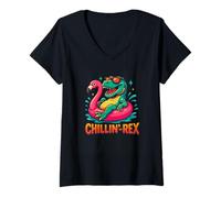 Donna Chillin Rex Funny T-Rex Dinosauro Flamingo Galleggiante Estate Maglietta con Collo a V