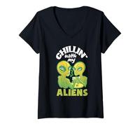 Donna Chillin with My Aliens Halloween Divertente Maglietta con Collo a V