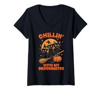 Donna Chillin 'with My Broommates Funny Halloween Cat Mom Maglietta con Collo a V