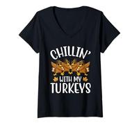 Donna Chillin' with My Turkeys Divertente Ringraziamento Dabbing Turchia Maglietta con Collo a V