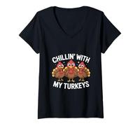 Donna Chillin With My Turkeys Ringraziamento Maglietta con Collo a V