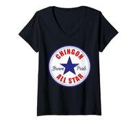 Donna Chingon All Star Mexican Pride Brown Pride Chicano Latino Maglietta con Collo a V