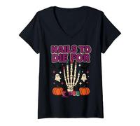 Donna Chiodi per Tecnici delle Unghie di Halloween per Cui Morire Maglietta con Collo a V