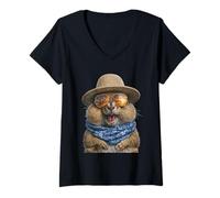 Donna Chipmunk con Occhiali da Sole e Cappello di Paglia Animale Estate Grafica Maglietta con Collo a V