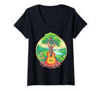 Donna Chitarra Acustica Tree of Life Lake & Forest Nature Chitarrista Maglietta con Collo a V