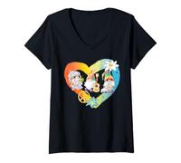 Donna Chitarra con gnomi della Pace, Cuore Arcobaleno, Stile Hippie Anni '60 Maglietta con Collo a V