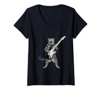 Donna Chitarra Gatto Rock Metal Tabby Musicista Feline Riff Maglietta con Collo a V