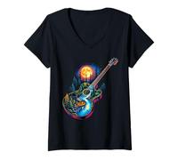 Donna Chitarra Lake Reflections Forest Pine Tree Moon Camp Chitarrista Maglietta con Collo a V