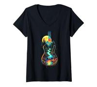 Donna Chitarra Lake Reflections Forest Pine Tree Moon Camp Chitarrista Maglietta con Collo a V