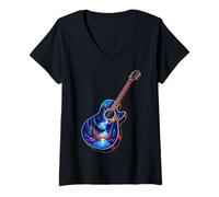 Donna Chitarra Lake Reflections Forest Pine Tree Moon Camp Chitarrista Maglietta con Collo a V