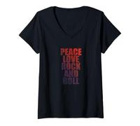 Donna Chitarra Musicale Peace Love Rock And Roll Maglietta con Collo a V