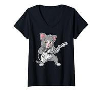 Donna Chitarra retrò Rock Music of Cute Cat Maglietta con Collo a V