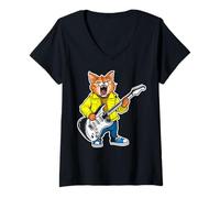 Donna Chitarra retrò Rock Music of Cute Cat Maglietta con Collo a V
