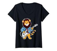 Donna Chitarra retrò Rock Music of Cute Lion Maglietta con Collo a V