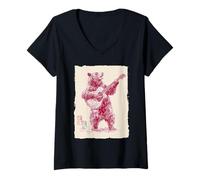 Donna Chitarra vintage che suona orso folk bluegrass musica regalo Maglietta con Collo a V