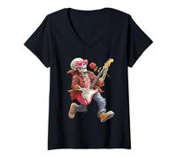 Donna Chitarrista Scheletro Che Suona la Chitarra Gotico Maglietta con Collo a V