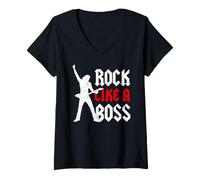 Donna Chitarrista Solista Ritmico Rock Band Rock Like A Boss Maglietta con Collo a V