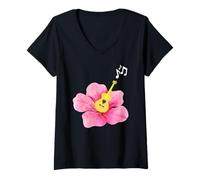 Donna Chitarristi musicista note canzone ibisco amante dei fiori Maglietta con Collo a V