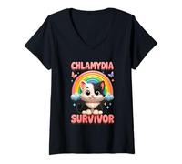 Donna Chlamydia Survivor Cat Rainbow Cringe Strano Umorismo Adulto Maglietta con Collo a V