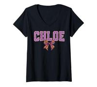 Donna Chloe Leopard Bow Trendy Name Design per Donne e Ragazze Maglietta con Collo a V
