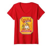 Donna Cholula Hot Sauce Bottle Lable Casual Costume Foodies Maglietta con Collo a V